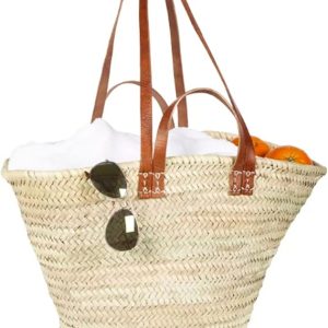 FRENCH BASKET with double flat leather handles, straw bag, beach bag, basket bag, shopping basket, straw market basket